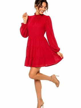 Trixxi Juniors XL Red Swiss Dot Mini Dress‎ Romantic Ruffle Tiered Fit Flare